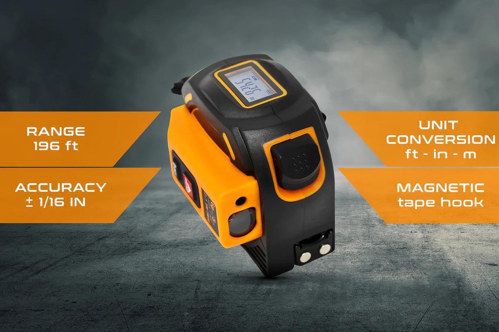 Laser Tape Measure 2-in-1, Laser Measure 196 Ft, Tape Measure 16 Ft Metric and US units with LCD Digital Display, Movable Magnetic Hook, Unit Conversion, Sturdy Build, Consistent and Accurate